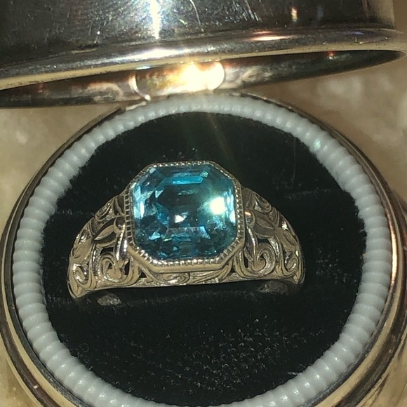 Vtg Sterling Silver & Blue Square Cubic Zirconia Floral Filirgree Band Sz 6.75 - Picture 7 of 12